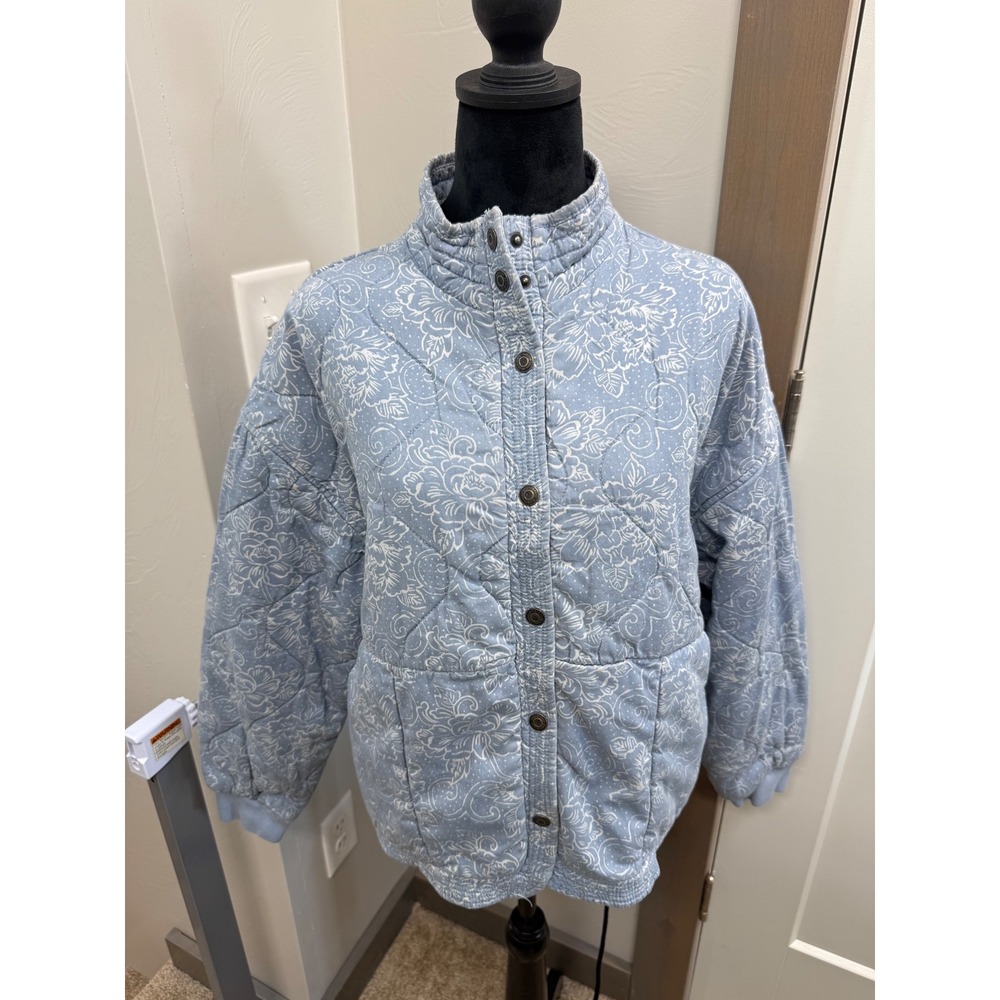 Kensie Jeans Women Blue Floral Quilted Snap Front Mock Neck Jacket Cotton Large